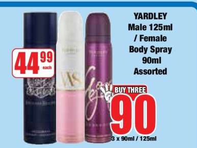 YARDLEY Male 125ml / Female Body Spray 90ml Assorted