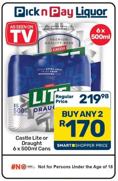 Castle Lite or Draught 6 x 500ml Cans