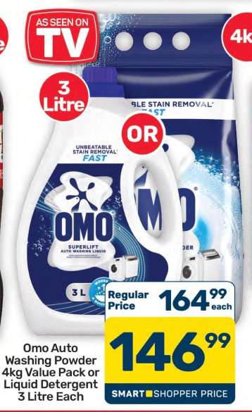Omo Auto Washing Powder 4kg Value Pack or Liquid Detergent 3 Litre Each