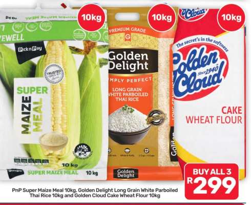 PnP Super Maize Meal 10kg, Golden Delight Long Grain White Parboiled Thai Rice 10kg and Golden Cloud Cake Wheat Flour 10kg