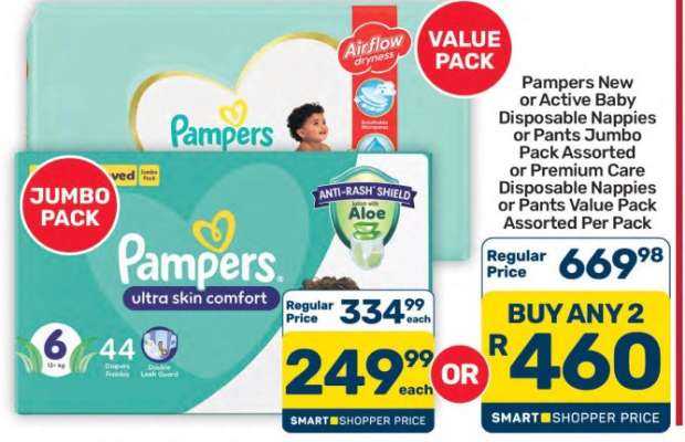 Pampers New or Active Baby Disposable Nappies or Pants Jumbo Pack Assorted or Premium Care Disposable Nappies or Pants Value Pack Assorted Per Pack