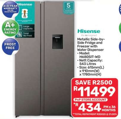 Hisense Metallic Side-by-Side Fridge and Freezer