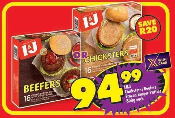 I&J CHICKSTERS/BEEFERS FROZEN BURGER PATTIES 800g each