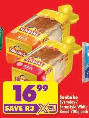 SUNBAKE EVERYDAY/FARMSTYLE WHITE BREAD 700g each