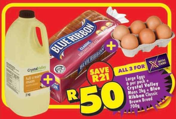 Large Eggs 6 per pack + Crystal Valley Maas 2kg + Blue Ribbon Classic Brown Bread 700g
