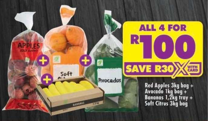 Red Apples 3kg bag + Avocado 1kg bag + Bananas 1.2kg tray + Soft Citrus 3kg bag