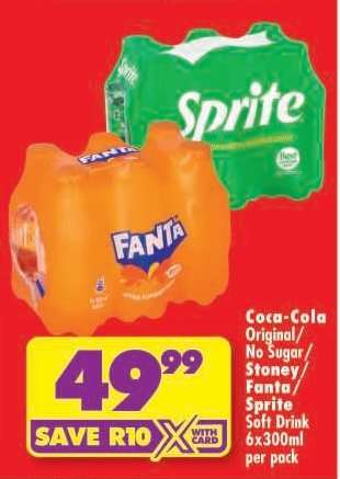 COCA-COLA ORIGINAL/NO SUGAR/STONEY/FANTA/SPRITE SOFT DRINK 6x300ml per pack