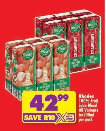 RHODES 100% FRUIT JUICE BLEND all variants 6x200ml per pack