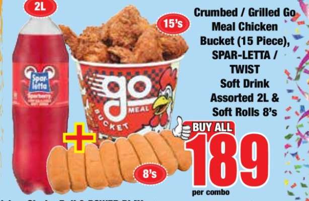 Crumbed / Grilled Go Meal Chicken Bucket (15 Piece), SPAR-LETTA / TWIST Soft Drink Assorted 2L & Soft Rolls 8's