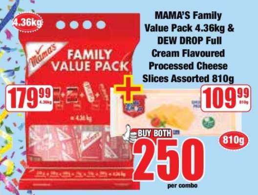 MAMA’S Family Value Pack 4.36kg & DEW DROP Full Cream Flavoured Processed Cheese Slices Assorted 810g