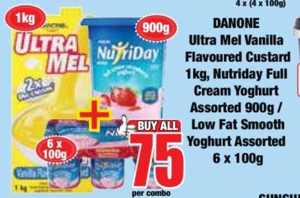 DANONE Ultra Mel Vanilla Flavoured Custard 1kg, Nutridary Full Cream Yoghurt Assorted 900g / Low Fat Smooth Yoghurt Assorted 6 x 100g