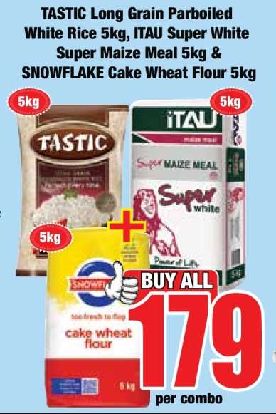 TASTIC Long Grain Parboiled White Rice 5kg, ITAU Super White Super Maize Meal 5kg & SNOWFLAKE Cake Wheat Flour 5kg