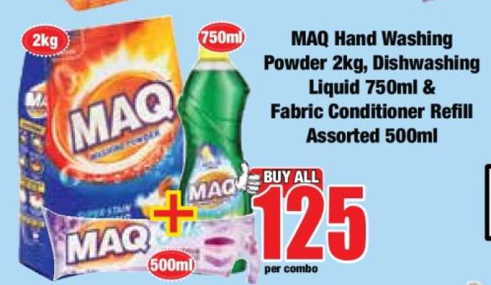 MAQ Hand Washing Powder 2kg, Dishwashing Liquid 750ml & Fabric Conditioner Refill Assorted 500ml