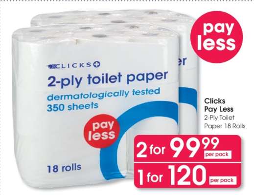 Clicks Pay Less 2-Ply Toilet Paper 18 Rolls