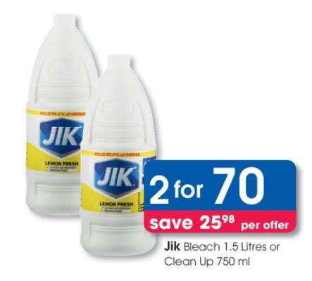 Jik Bleach 1.5 Litres or Clean Up 750 ml
