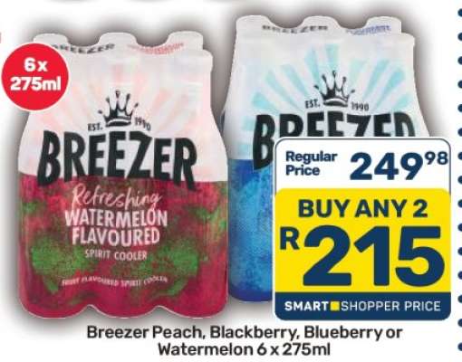 Breezer Peach, Blackberry, Blueberry or Watermelon 6 x 275ml