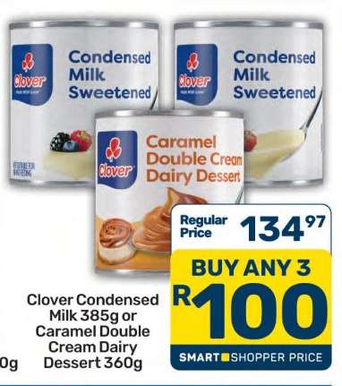 Clover Condensed Milk 385g or Caramel Double Cream Dairy Dessert 360g