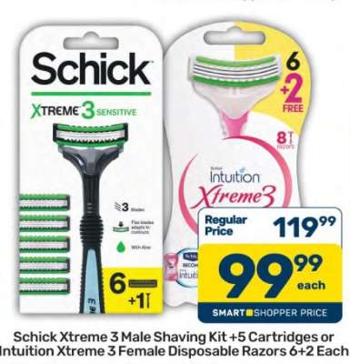Schick Xtreme 3 Male Shaving Kit +5 Cartridges or Intuition Xtreme 3 Female Disposable Razors 6+2 Each