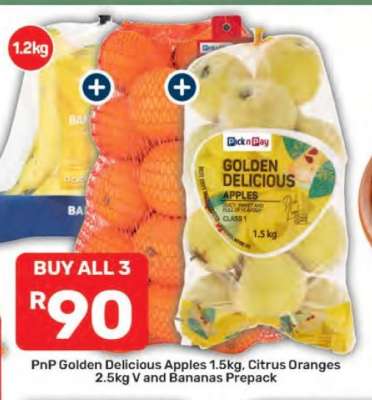 PnP Golden Delicious Apples 1.5kg, Citrus Oranges 2.5kg V and Bananas Prepack