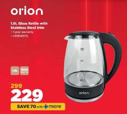 orion 1.8L Glass Kettle with Stainless steel trim