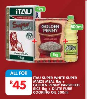 ITAU SUPER WHITE SUPER MAIZE MEAL 1kg + GOLDEN PENNY PARBOILED RICE 1kg + D'LITE PURE COOKING OIL 500ml