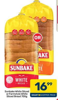 Sunbake White Sliced or Farmstyle White Sliced Bread 700g