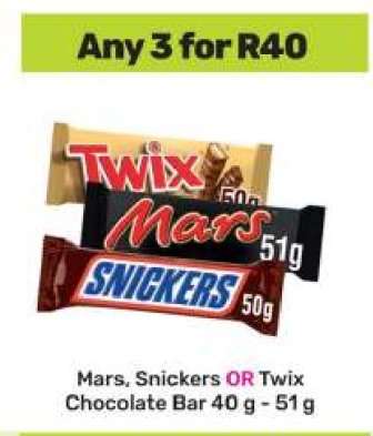 Mars, Snickers OR Twix Chocolate Bar 40 g - 51 g