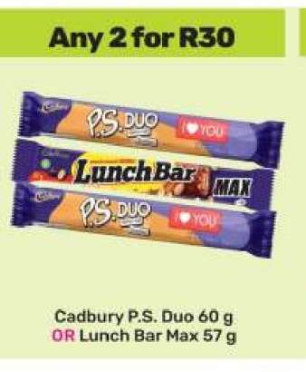 Cadbury P.S Duo 60 g or Lunch Bar Max 57 g