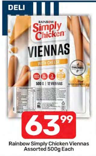 Rainbow Simply Chicken Viennas Assorted 500g Each