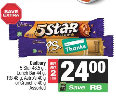 Cadbury 5 Star, Lunch Bar, P.S, Astro's, Crunchie