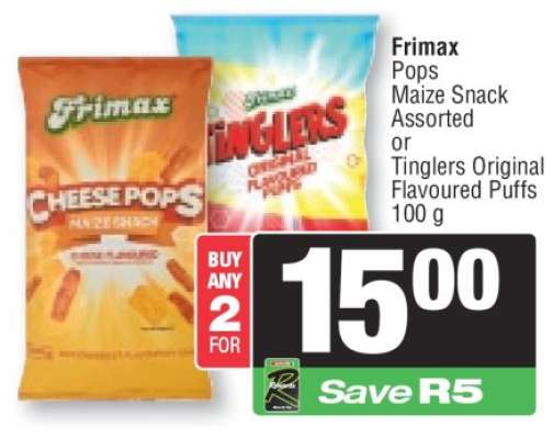 Frimax Pops Maize Snack Assorted or Tinglers Original Flavoured Puffs 100 g