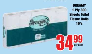 DREAMY 1 Ply 300 Sheets Toilet Tissue Rolls 10's