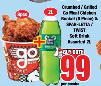Crumbed / Grilled Go Meal Chicken Bucket (8 Piece) & SPAR-LETTA / TWIST Soft Drink Assorted 2L