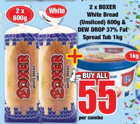 2 x BOXER White Bread (Unsliced) 600g & DEW DROP 37% Fat Spread Tub 1kg