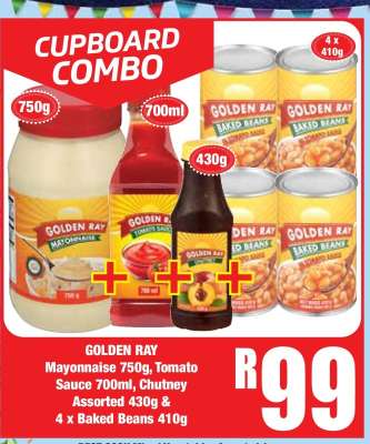 GOLDEN RAY Mayonnaise 750g, Tomato Sauce 700ml, Chutney Assorted 430g & 4 x Baked Beans 410g