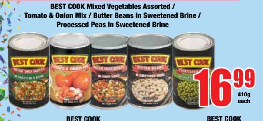 BEST COOK Mixed Vegetables Assorted / Tomato & Onion Mix / Butter Beans In Sweetened Brine / Processed Peas in Sweetened Brine