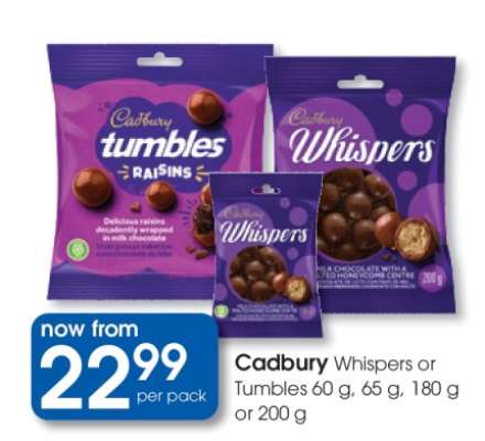 Cadbury Whispers or Tumbles 60 g, 65 g, 180 g or 200 g