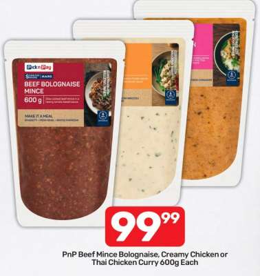 PnP Beef Mince Bolognaise, Creamy Chicken or Thai Chicken Curry 600g Each