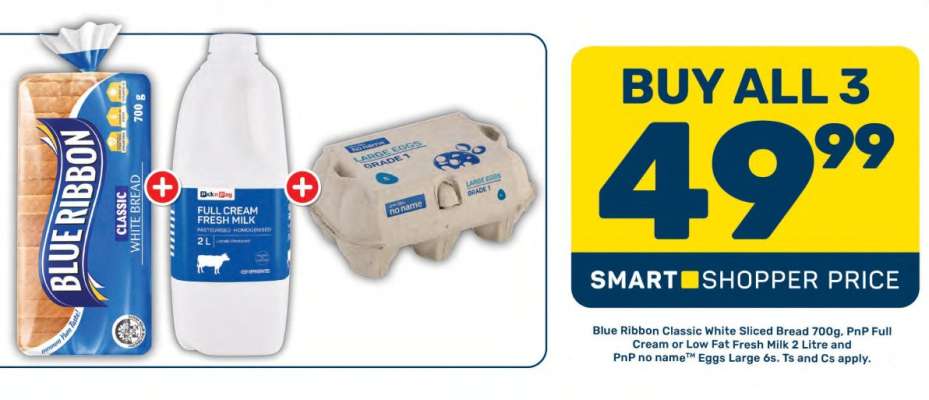 Blue Ribbon Classic White Sliced Bread 700g, PnP Full Cream or Low Fat Fresh Milk 2 Litre and PnP no name™ Eggs Large 6s