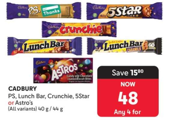 CADBURY PS, Lunch Bar, Crunchie, 5Star or Astro’s