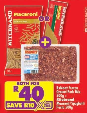 Eskort Frozen Ground Pork Mix 500g + Ritebrand Macaroni/Spaghetti Pasta 500g