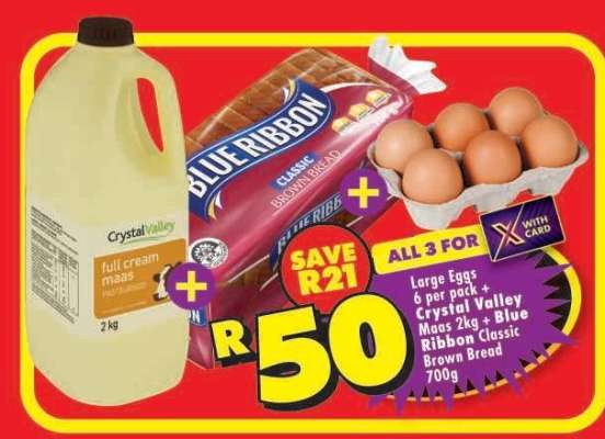 Large Eggs 6 per pack + Crystal Valley Maas 2kg + Blue Ribbon Classic Brown Bread 700g