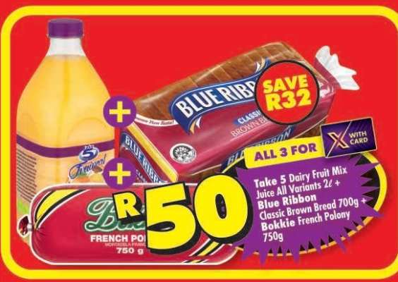 Take 5 Dairy Fruit Mix Juice All Variants 2ℓ + Blue Ribbon Classic Brown Bread 700g + Bokkie French Polony 750g