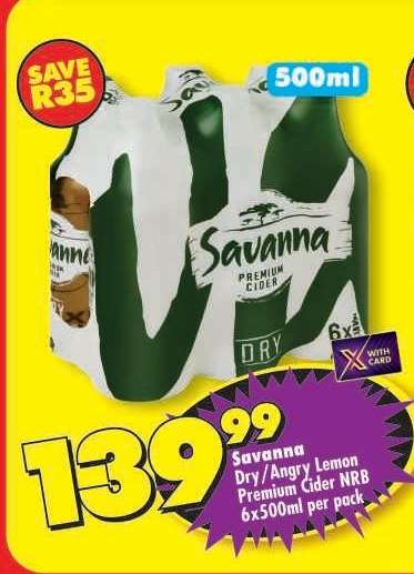 Savanna Dry/Angry Lemon Premium Cider NRB 6x500ml per pack