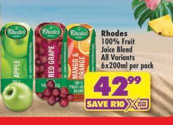 RHODES 100% FRUIT JUICE BLEND all variants 6x200ml per pack