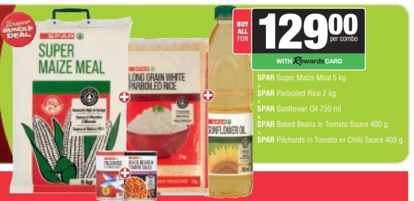 SPAR Super Maize Meal 5 kg, SPAR Parboiled Rice 2 kg, SPAR Sunflower Oil 750 ml, SPAR Baked Beans in Tomato Sauce 400 g, SPAR Pilchards in Tomato or Chilli Sauce 400 g