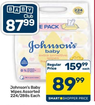 Johnson's Baby Wipes Assorted 224/288s Each