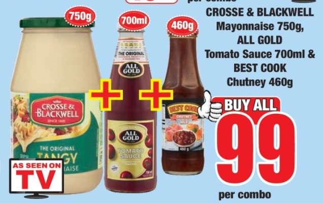 CROSSE & BLACKWELL Mayonnaise 750g, ALL GOLD Tomato Sauce 700ml & BEST COOK Chutney 460g