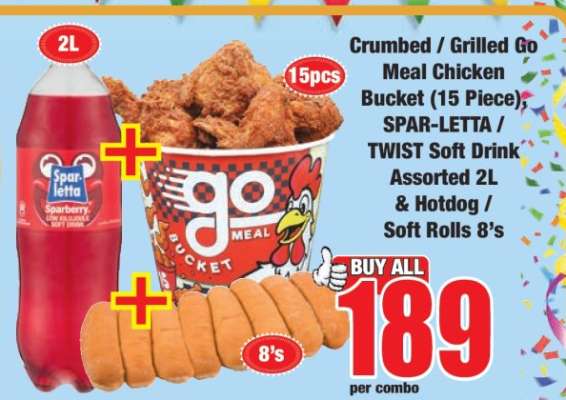 Crumbed / Grilled Go Meal Chicken Bucket (15 Piece), SPAR-LETTA / TWIST Soft Drink Assorted 2L & Hotdog / Soft Rolls 8's