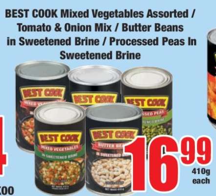 BEST COOK Mixed Vegetables Assorted / Tomato & Onion Mix / Butter Beans In Sweetened Brine / Processed Peas in Sweetened Brine